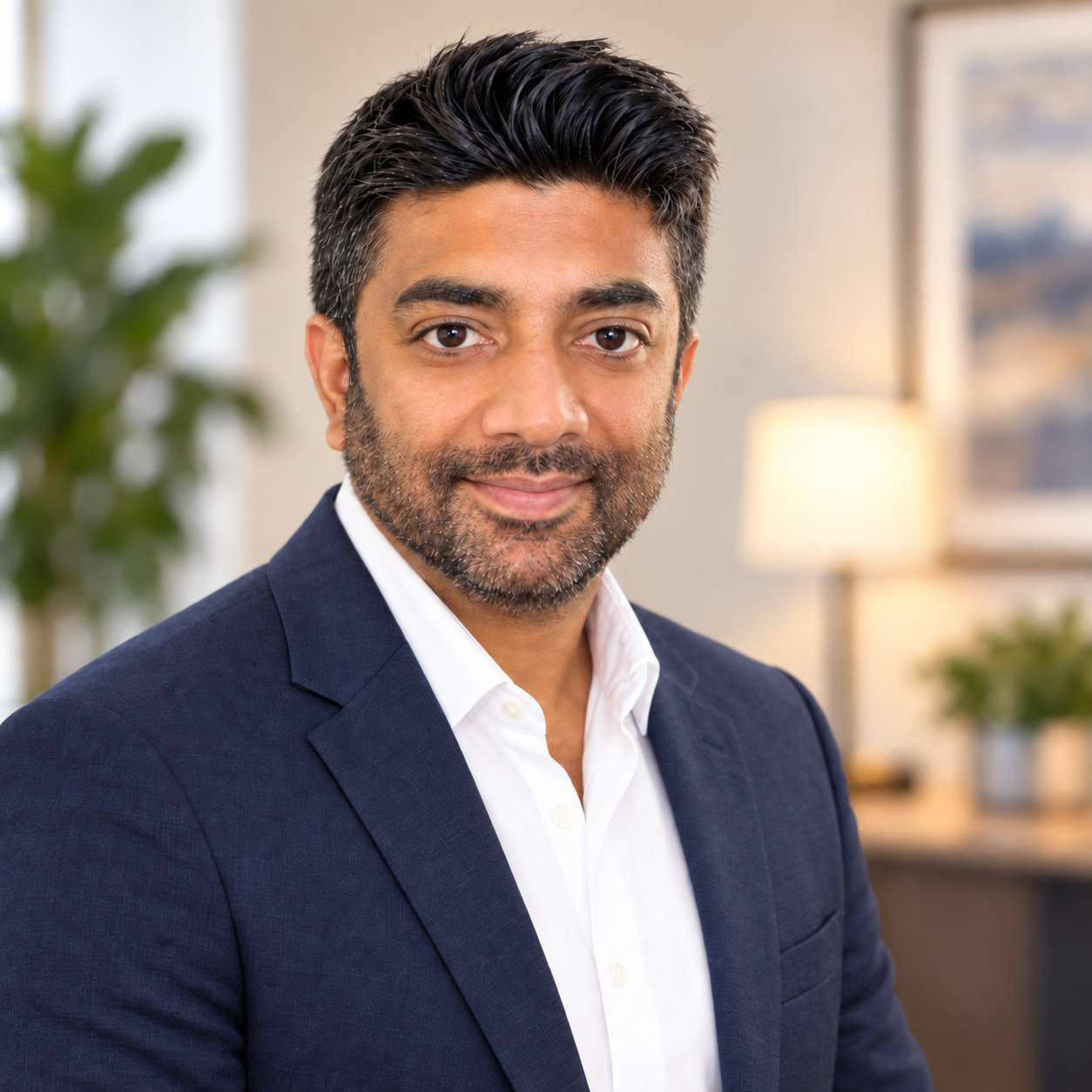 Professional portrait of Sai Jandhyala in a navy jacket